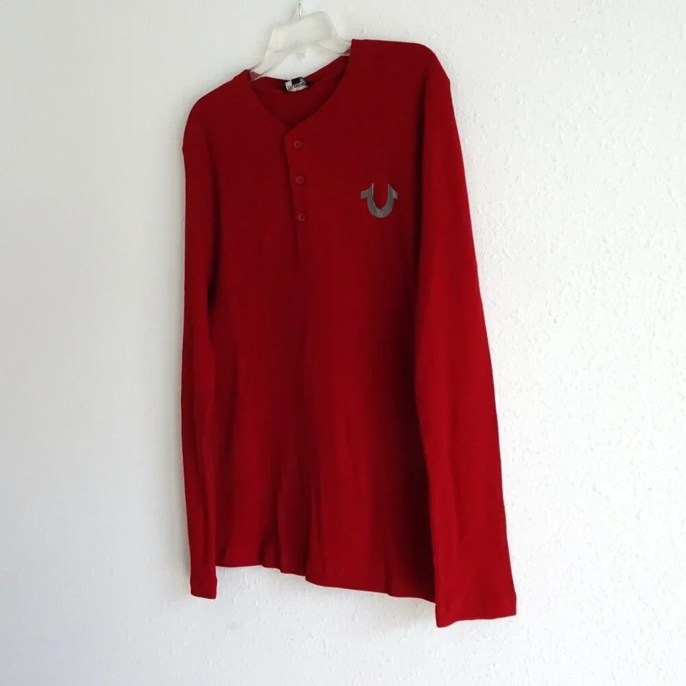 True Religion Henley Shirt Men's Size M Red Long Sleeve Waffle Logo Cotton